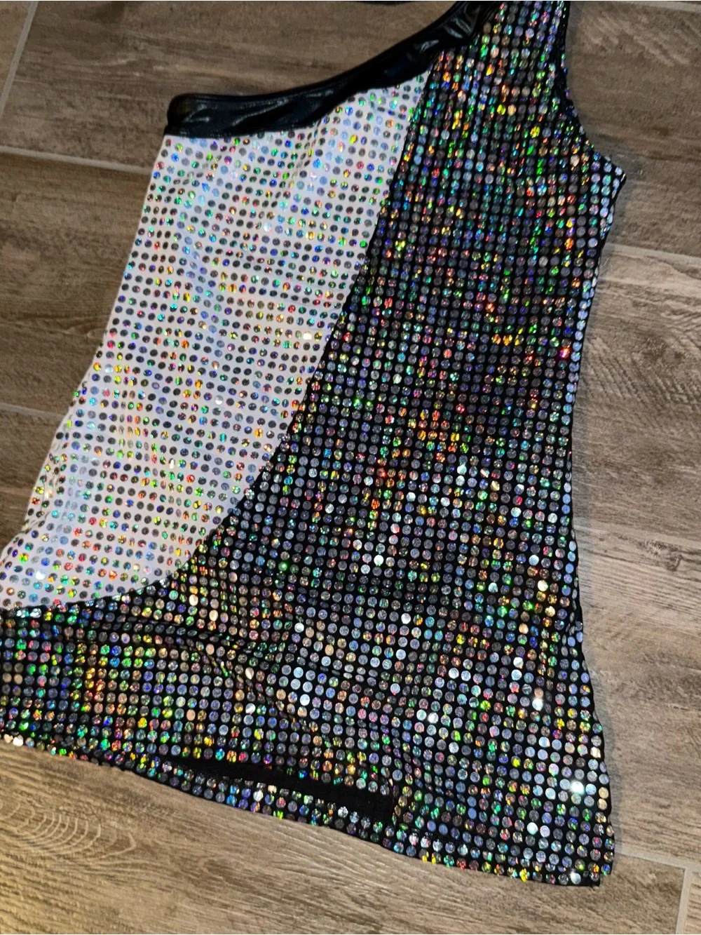 Girls One-Shoulder Sequin Holographic Black & White Dance Costume